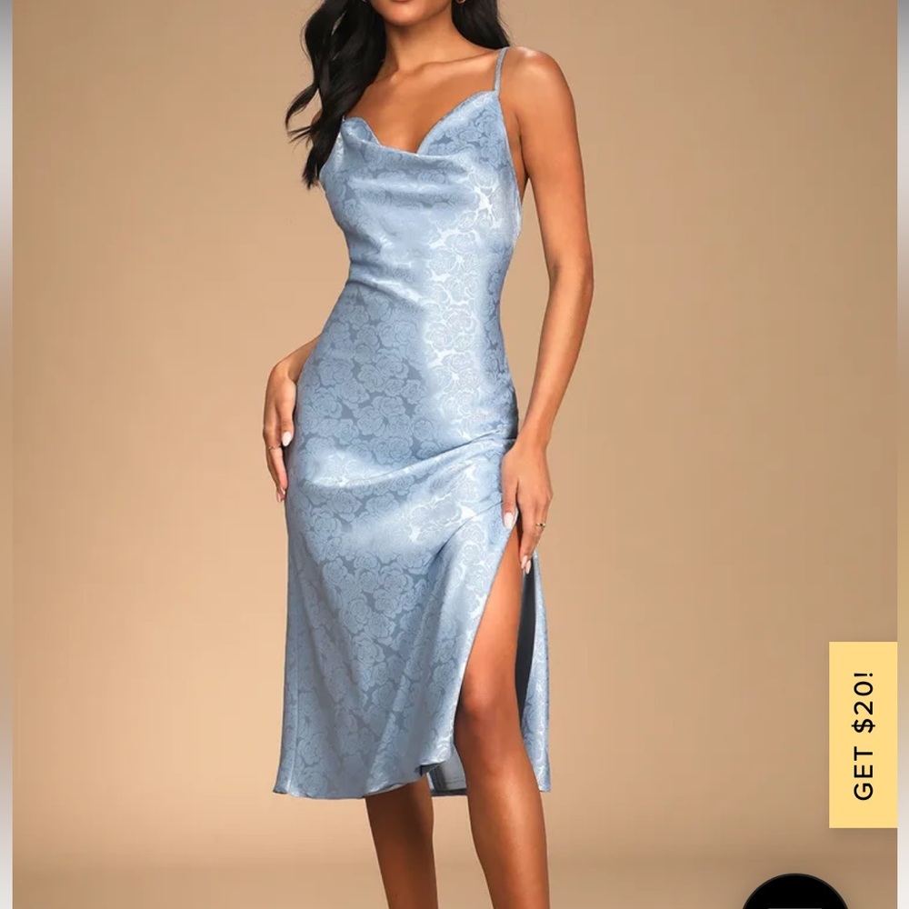 Lulu’s light blue satin midi dress